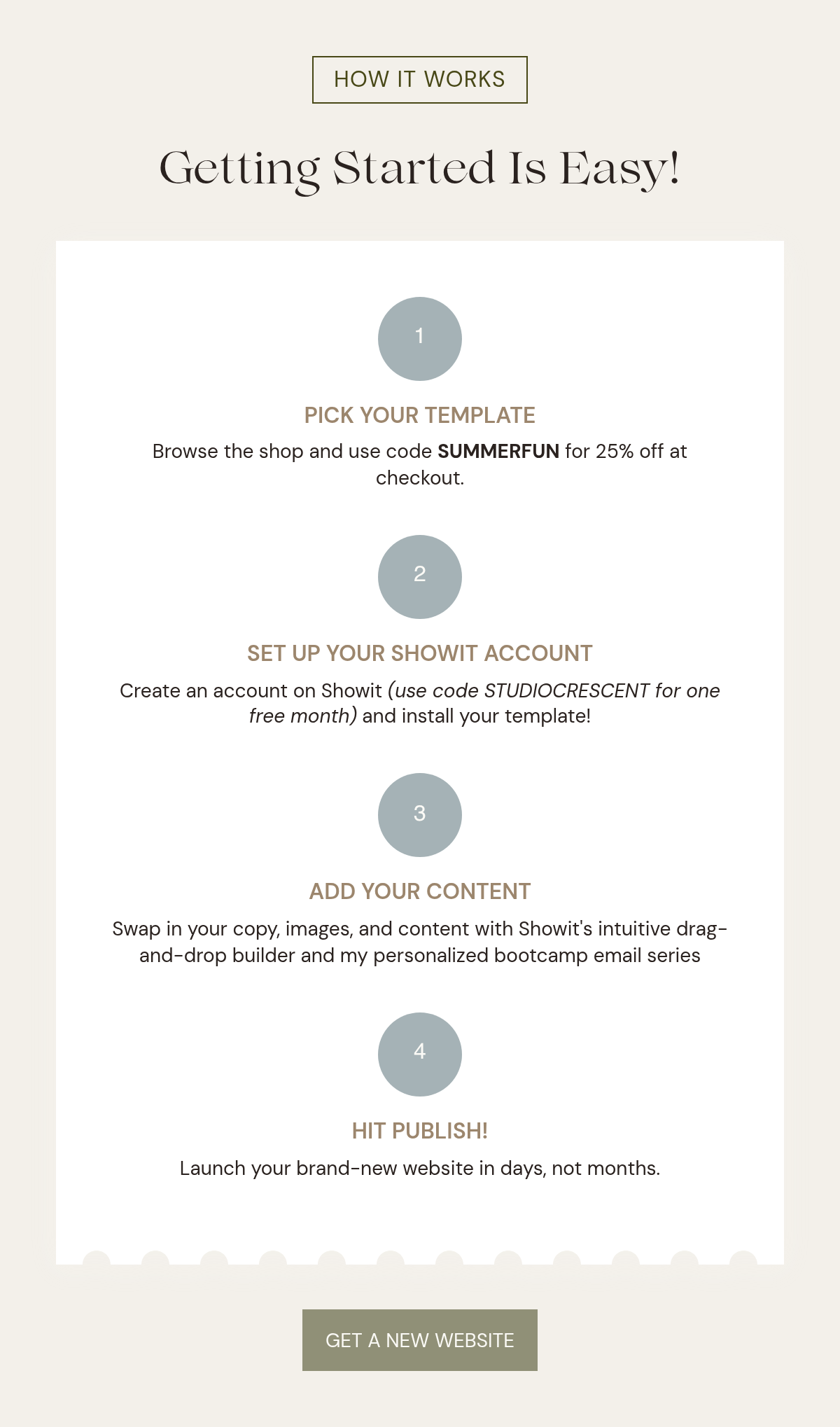 HOW IT WORKS. Getting started is easy! 1. Pick your template. Browse the shop and use code SUMMERFUN for 25% off at checkout. 2. Set up your Showit account. Create an account on Showit (use code STUDIOCRESCENT for one free month) and install your…