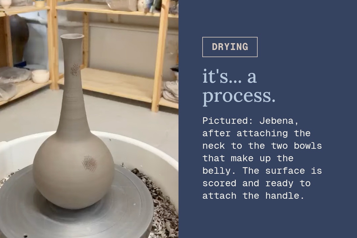 Rectangle. drying. it's... a process. Pictured: Jebena, after attaching the neck to the two bowls that make up the belly. The surface is scored and ready to attach the handle. Button.