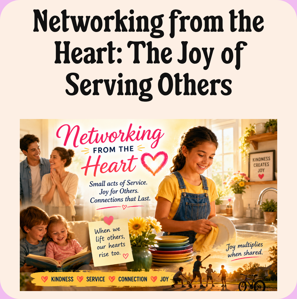 Label. Networking from the Heart: The Joy of Serving Others. Body Copy Medium, 16px. We recommend keeping your header block body text between 120 and 140 characters for optimal balance. Square. CustomText. Button.