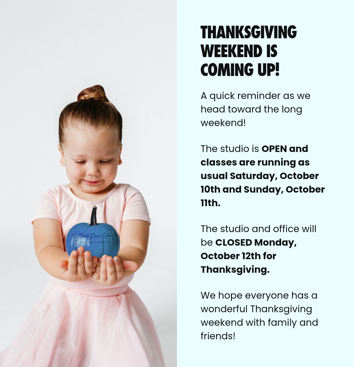 Rectangle. LABEL. Thanksgiving Weekend is Coming Up! A quick reminder as we head toward the long weekend!The studio is OPEN and classes are running as usual Saturday, October 10th and Sunday, October 11th.The studio and office will be CLOSED Monday,…